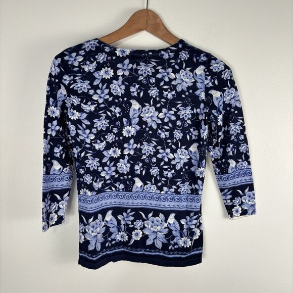 Talbots India Ink Medallion Bird Toile Sweater 3/4 Blue Sleeve Size Petite - Picture 5 of 6